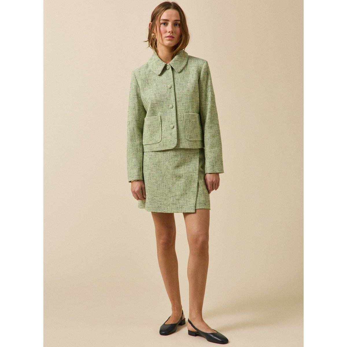 Jupe courte portefeuille tweed carreaux tweed bico vert, CYRILLUS