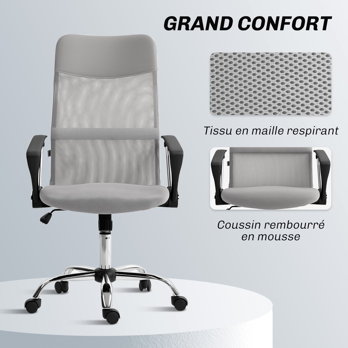 Chaise de bureau Tissu maille Gris gris, HOMCOM