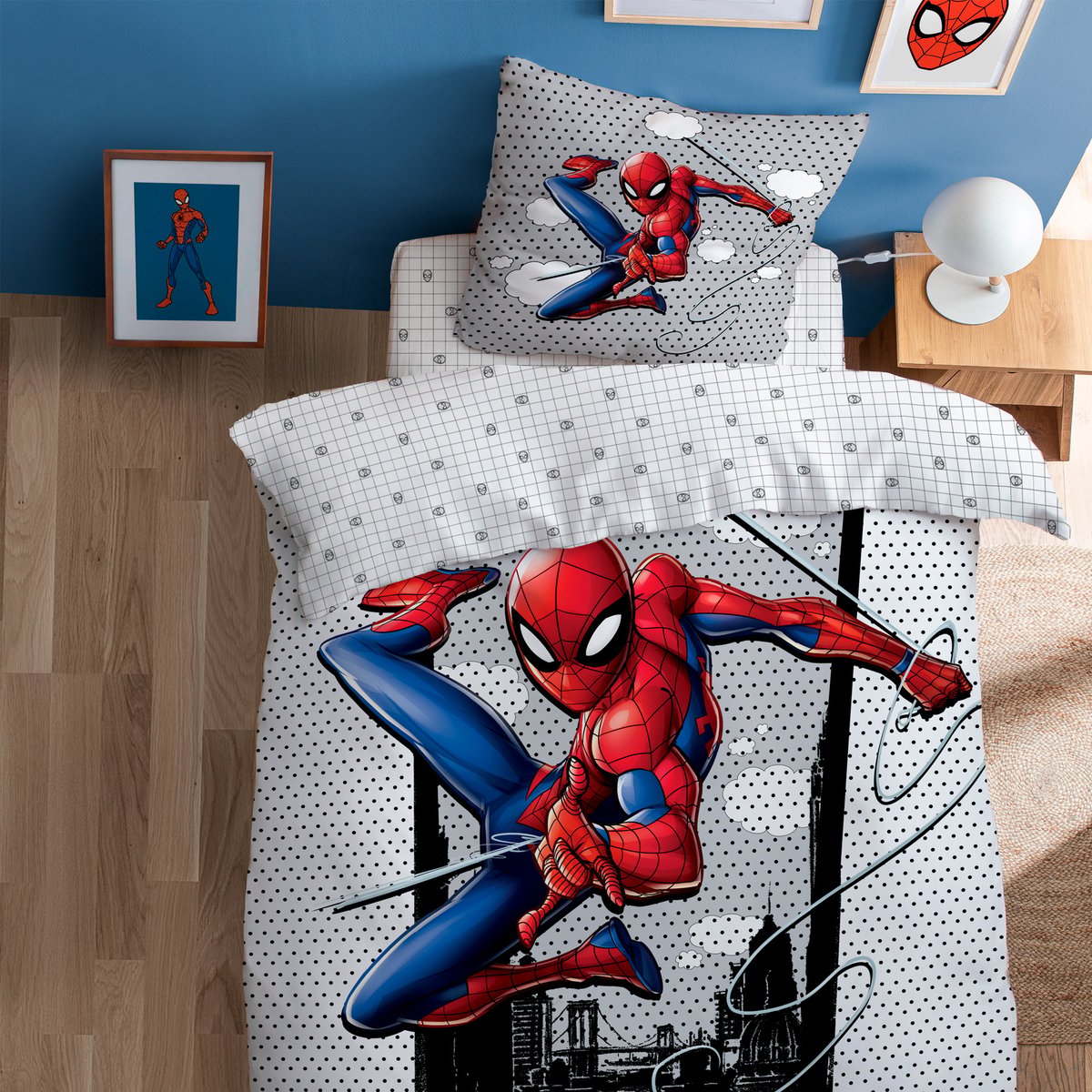 Parure de lit imprimée + drap housse 100% coton, HERO bleu, SPIDER-MAN