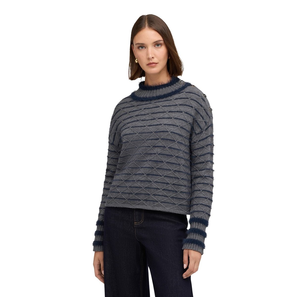 Pull jacquard à boutons gris, MOTIVI