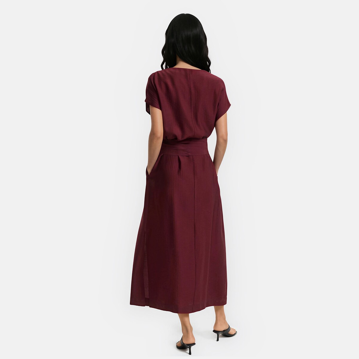 Abito lungo maniche corte, scollo a V e cintura marrone scuro, LA REDOUTE COLLECTIONS