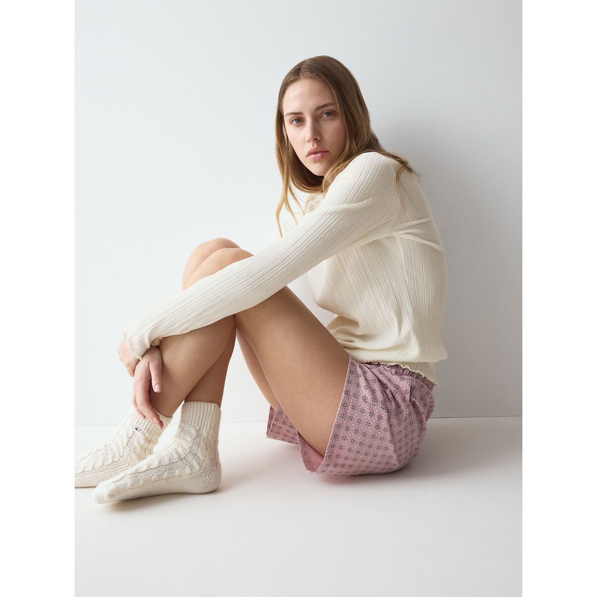 Pigiama in cotone, maglia maniche lunghe e pantaloncini stampati fantasia rosa, TRIUMPH