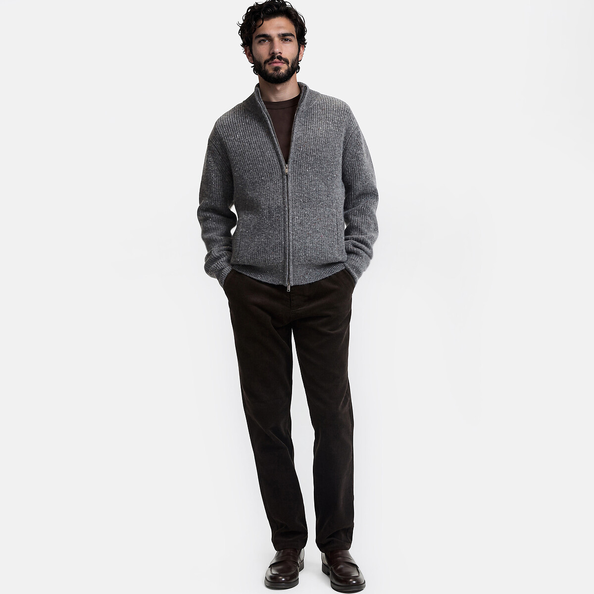 Gilet zippé, col montant, en laine mélangée gris chiné, LA REDOUTE COLLECTIONS