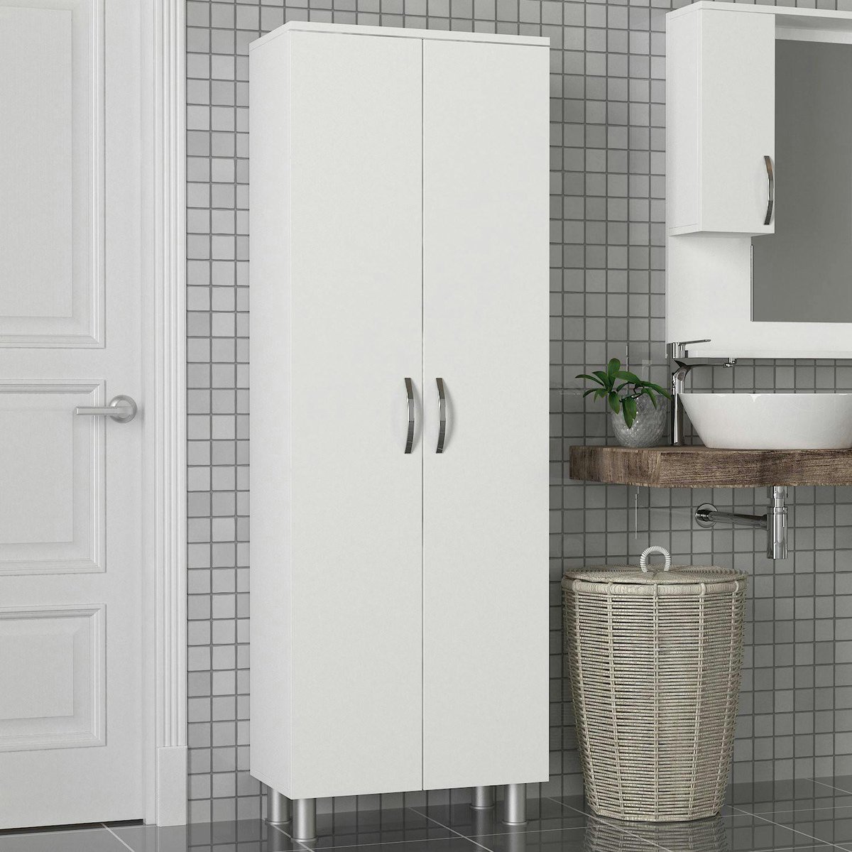 Meuble colonne salle de bains blanc 2 portes H 173, 6 cm JENA blanc, PIER IMPORT