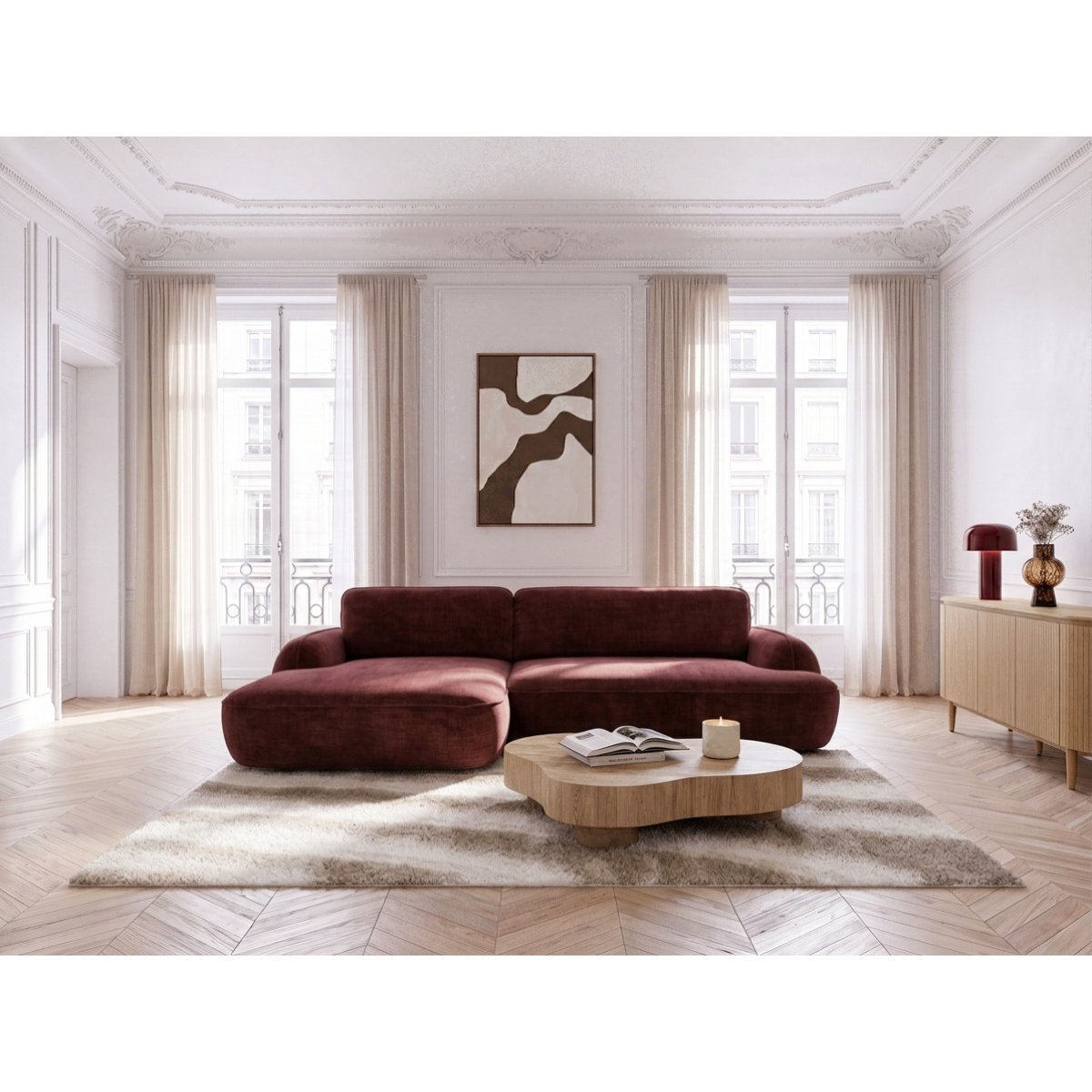 Canapé d'angle convertible 3 places en tissu lisse, CELESTE rouge, BOBOCHIC