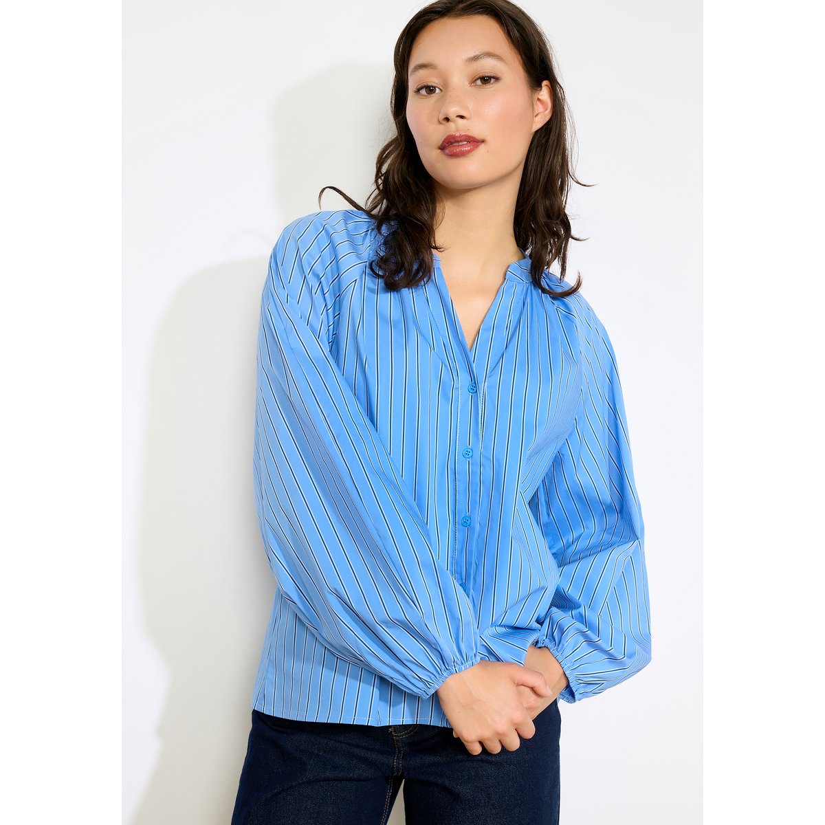 Chemise rayée manches ballon bleu, LOLALIZA
