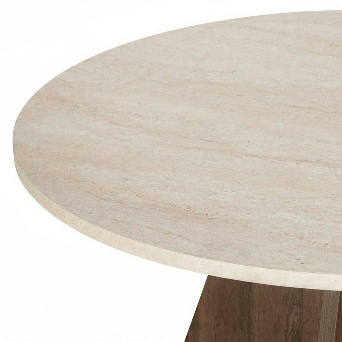 Table ronde moderne pied trapèze MARFA travertin / noyer, PIER IMPORT