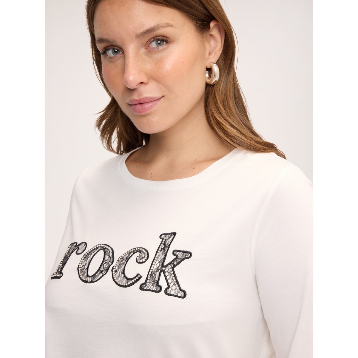 T-shirt avec inscription en dentelle blanc, FIORELLA RUBINO