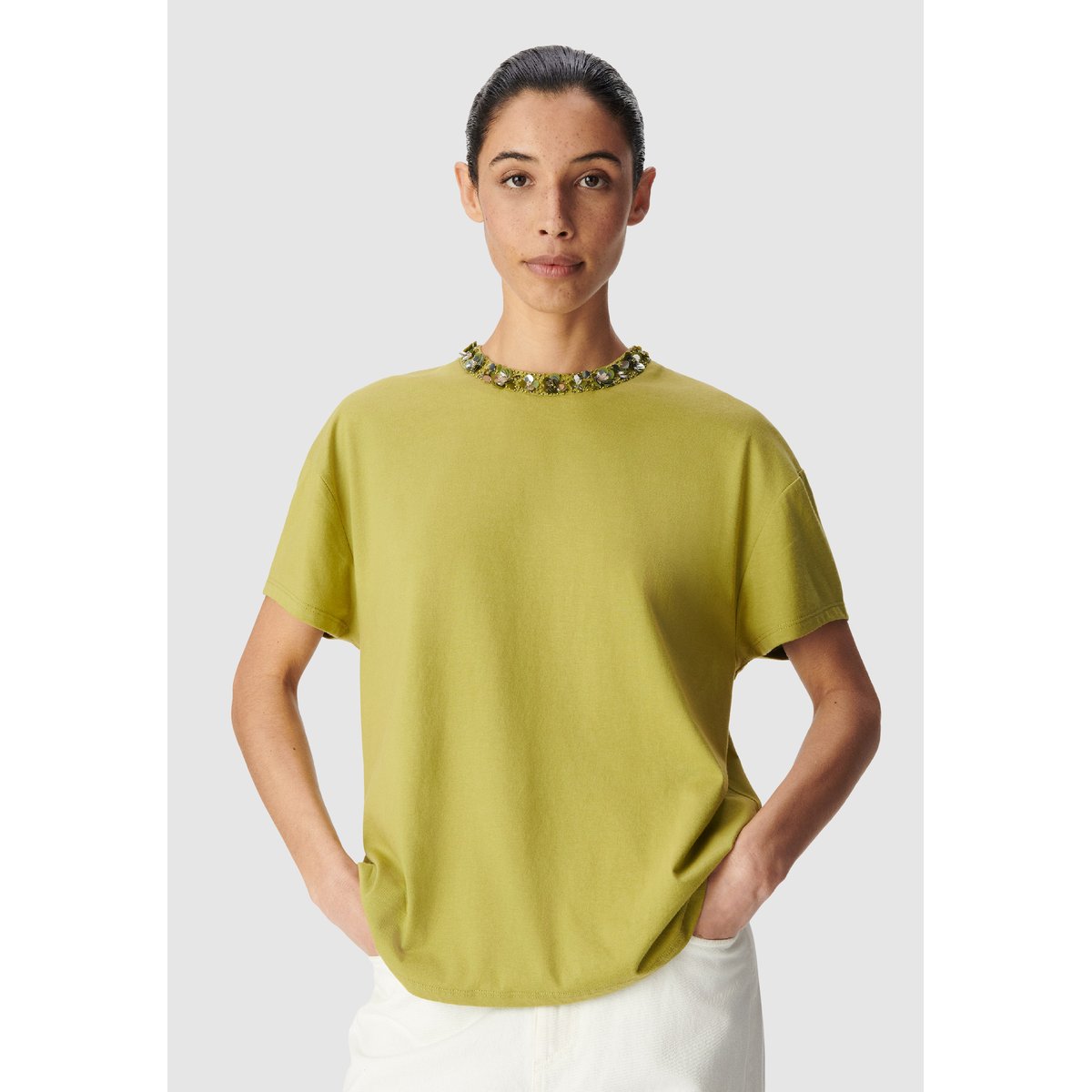 Tee-shirt manches courtes col bijou olive d'été, IKKS