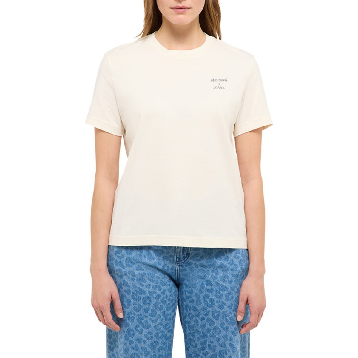 T-shirt en coton écru uni pourvu d'un col rond et de manches courtes beige, MUSTANG