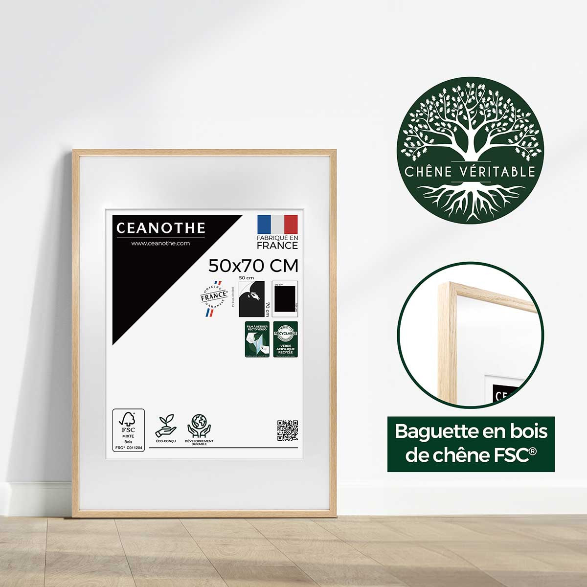 Cadre Photo Avec Passe-partout En Chêne ALBA bois brut, CEANOTHE