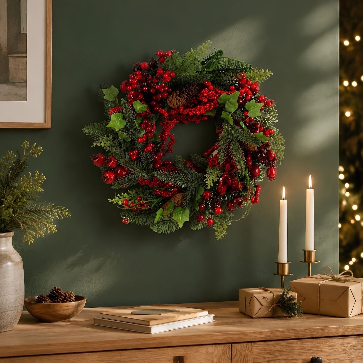 Couronne de Noël avec pommes de pin Ø40 cm NORAH rouge, MICA DECORATIONS