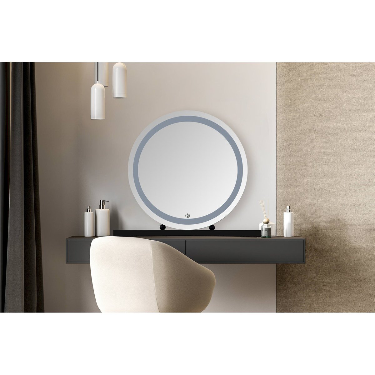 Miroir maquillage en verre rond à LED USB noir mat avec liseré gris, ARTE ESPINA