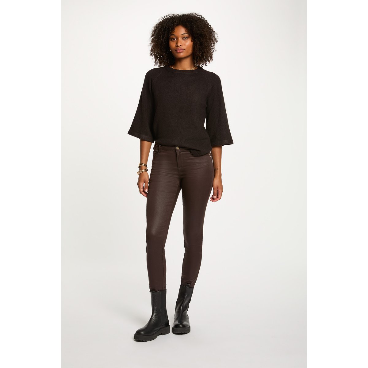 Pantalon slim enduit marron foncé, MORGAN