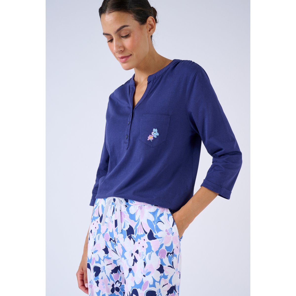 T-shirt de pyjama col tunisien en pur coton bleu nuit, DAMART