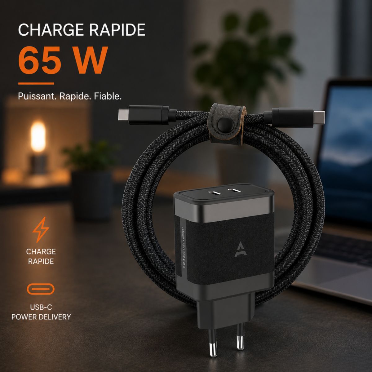Chargeur ordinateur portable 65W 2 USB-C + Cable USB-C 2M - Noir couleur unique, ADEQWAT