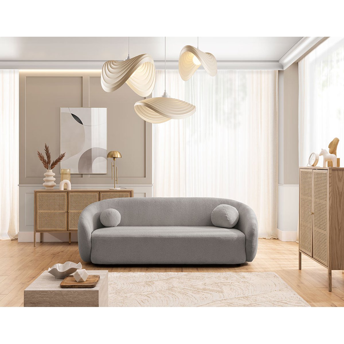 Flore - Canapé droit 3 places en tissu bouclette gris, BEST MOBILIER