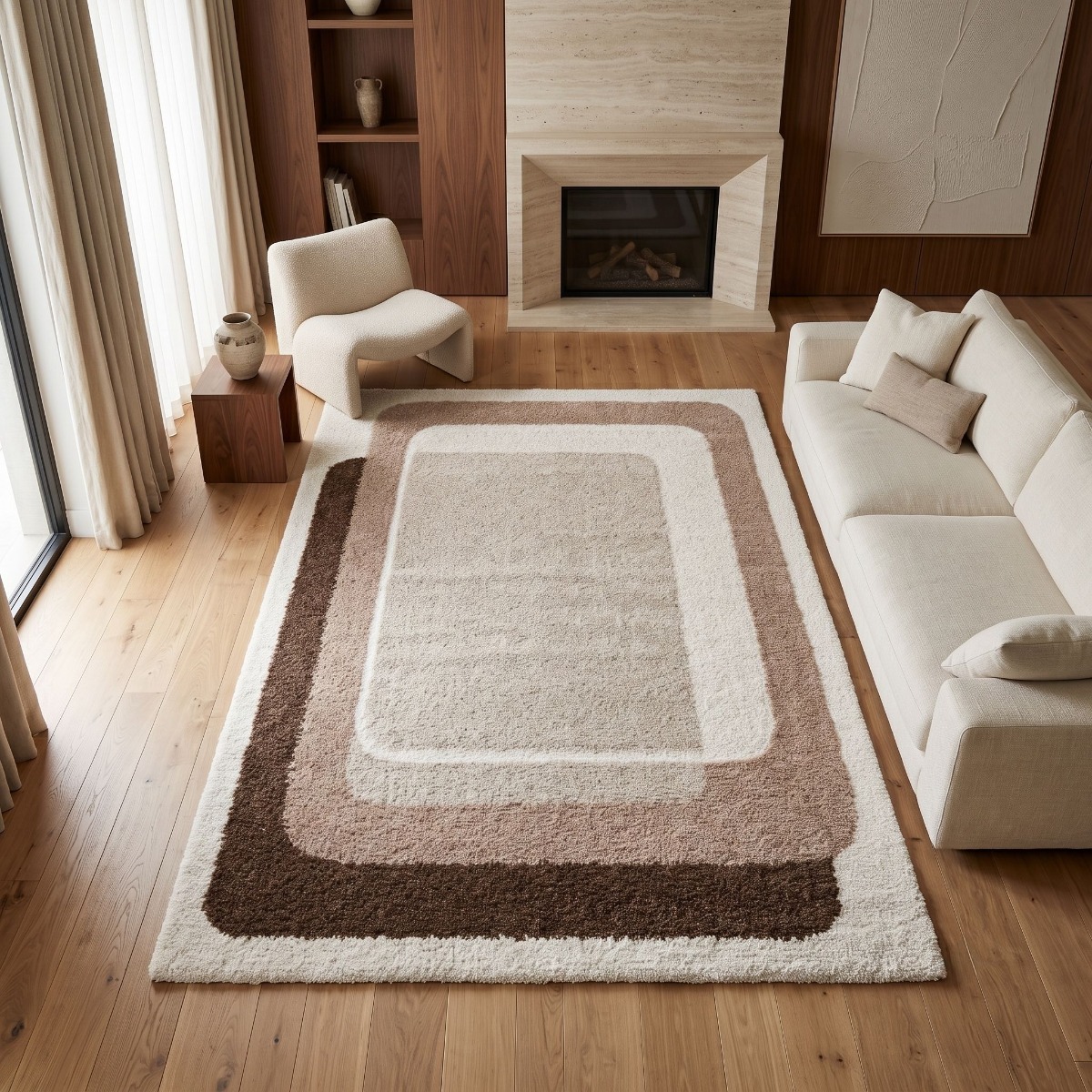 Tapis shaggy doux graphique MOKA DEUX CADRES beige et marron, THE DECO FACTORY