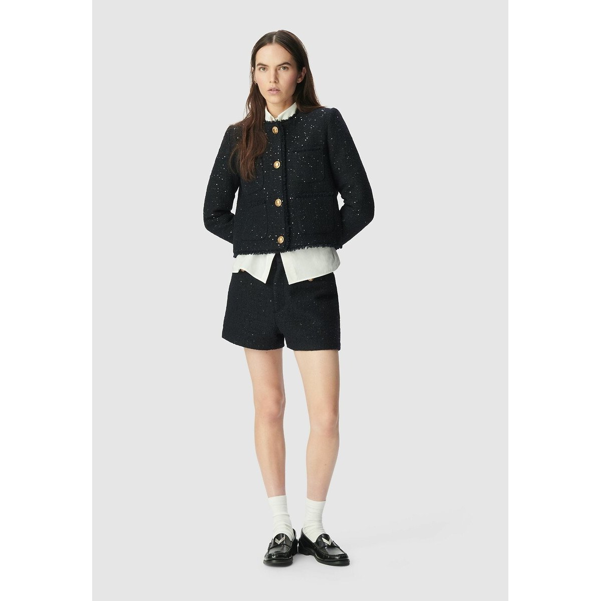 Veste courte effet tweed et sequins brodés marine, IKKS