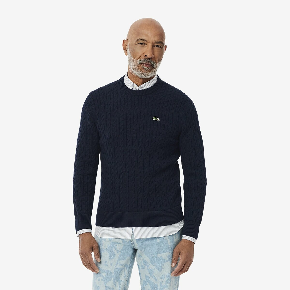 Cable Knit Jumper with Crew Neck navy blue, LACOSTE