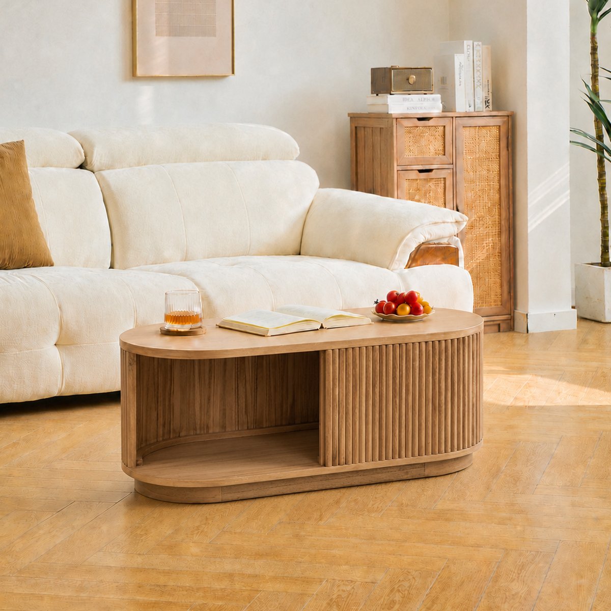 Table basse avec rangement, frêne, VIKNA bois naturel, NORDLYS