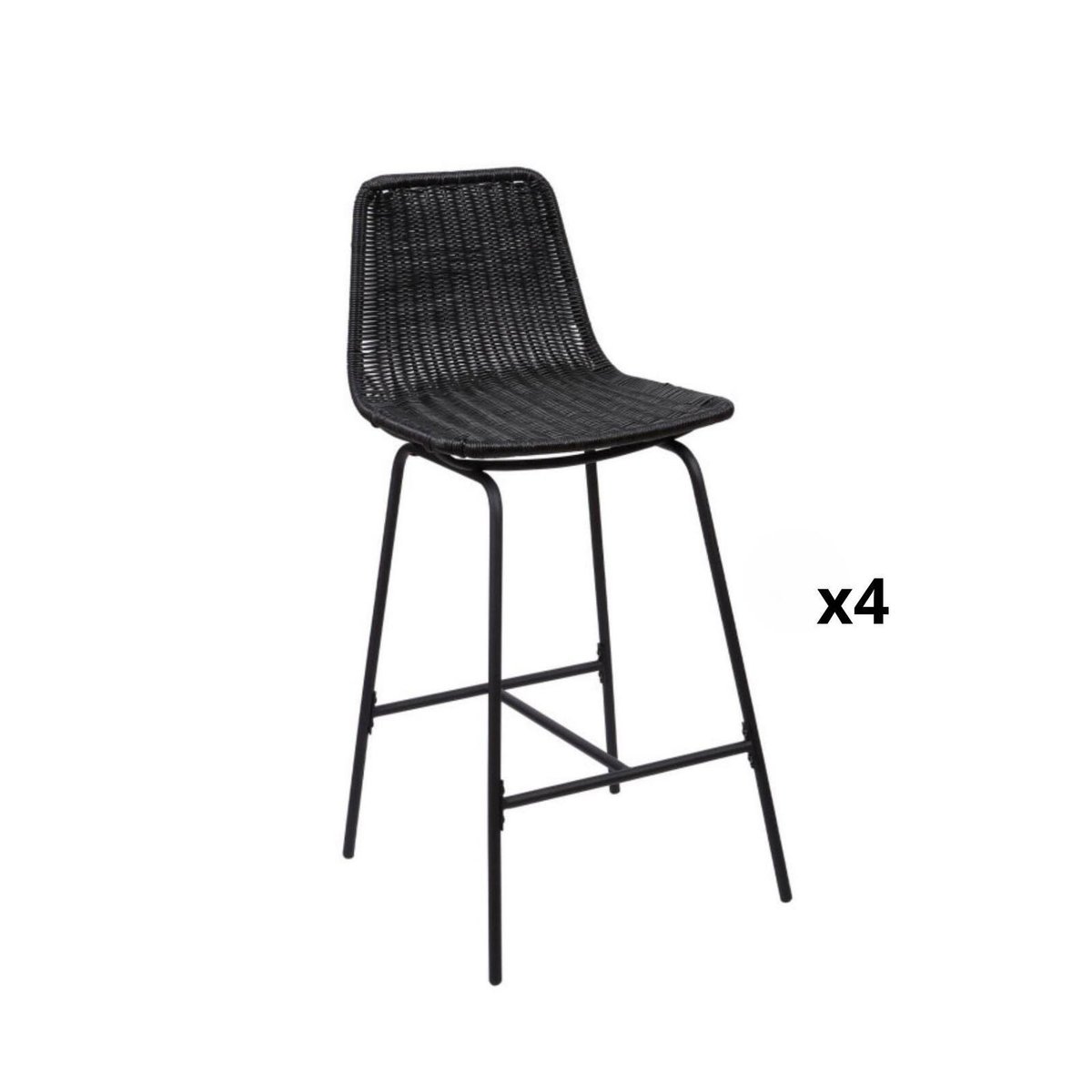 Lot de tabourets de bar et d'ilot en métal avec assise en rotin 65cm KUTA|Lot de 4 | Lot de 4 noir, MOB IN
