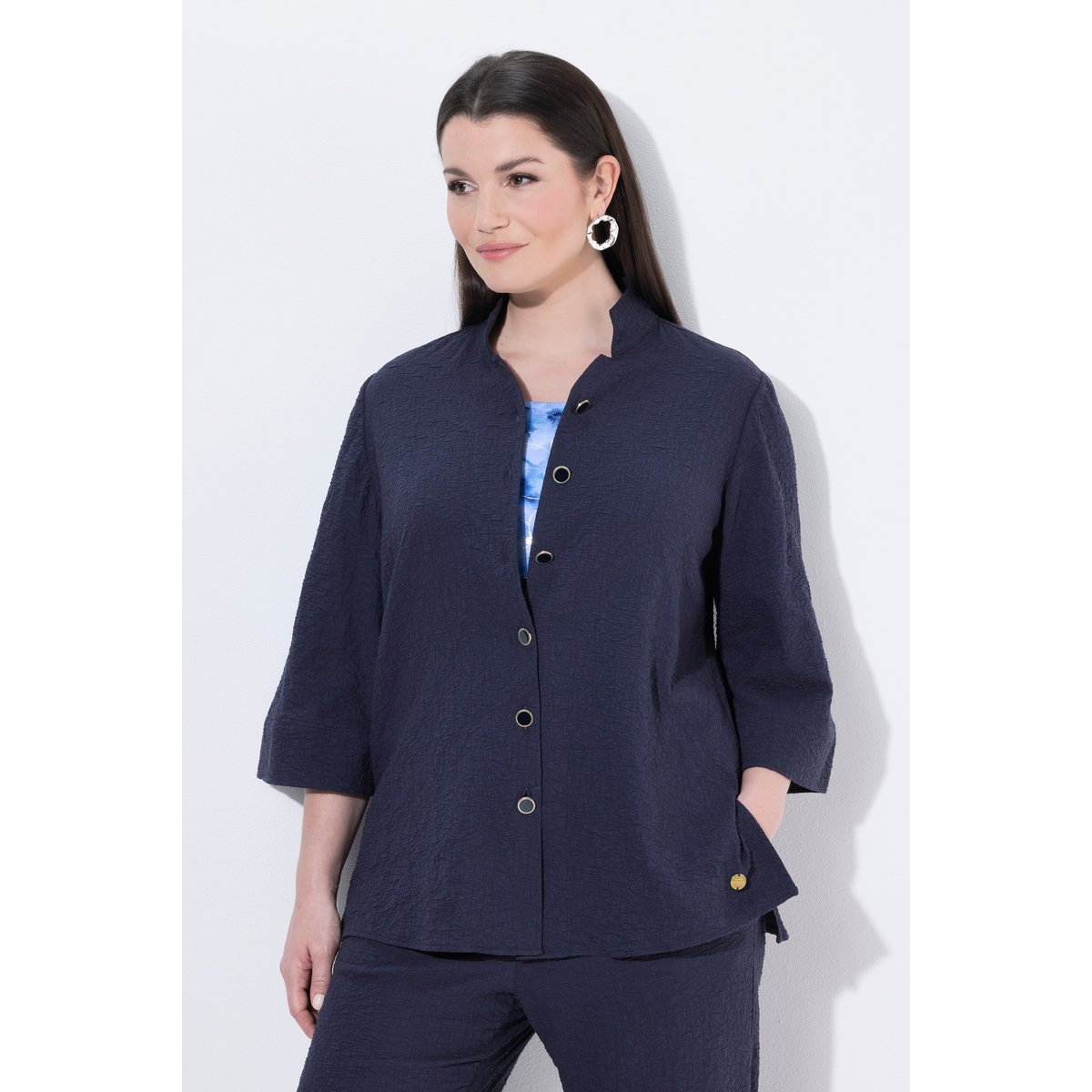 Veste texturée, manches 3/4 et col montant marine foncé, ULLA POPKEN