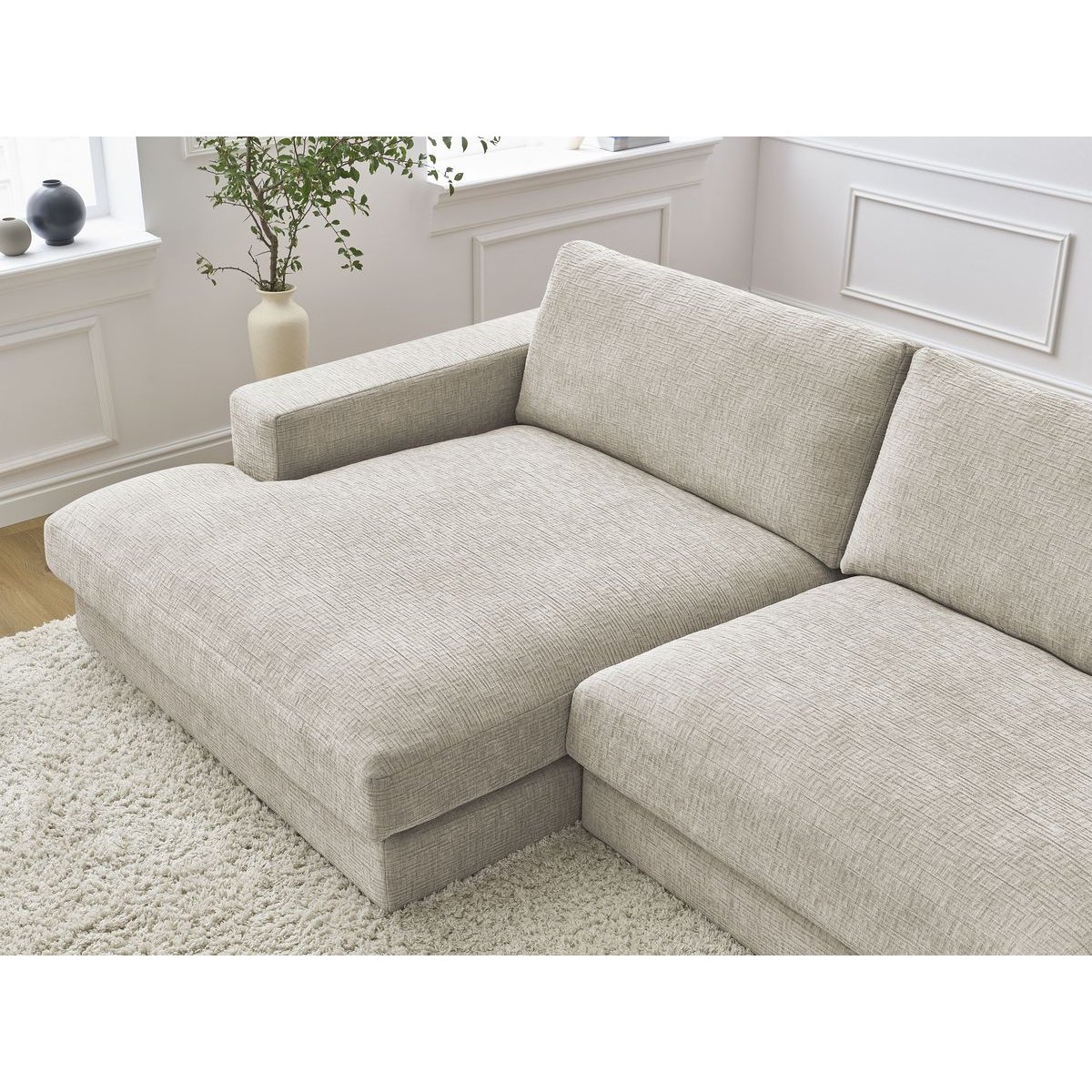Canapé d'angle fixe 4 places en tissu texturé, LEONARD beige, BOBOCHIC