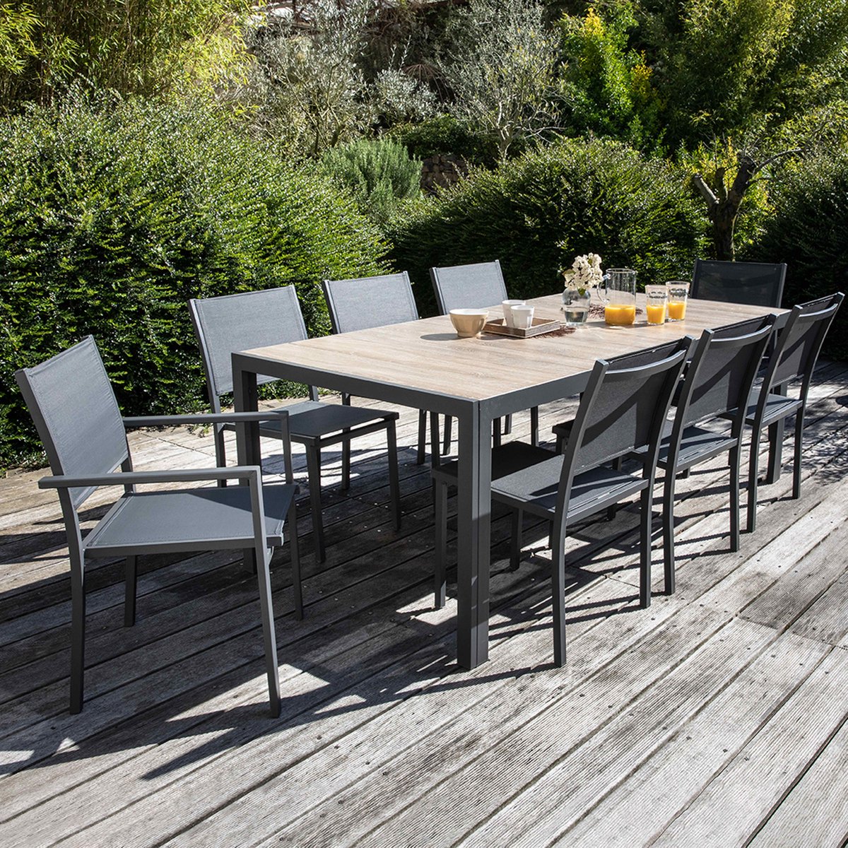 Salon de jardin table 8 places aluminium et céramique, TIVOLI bois, OVIALA