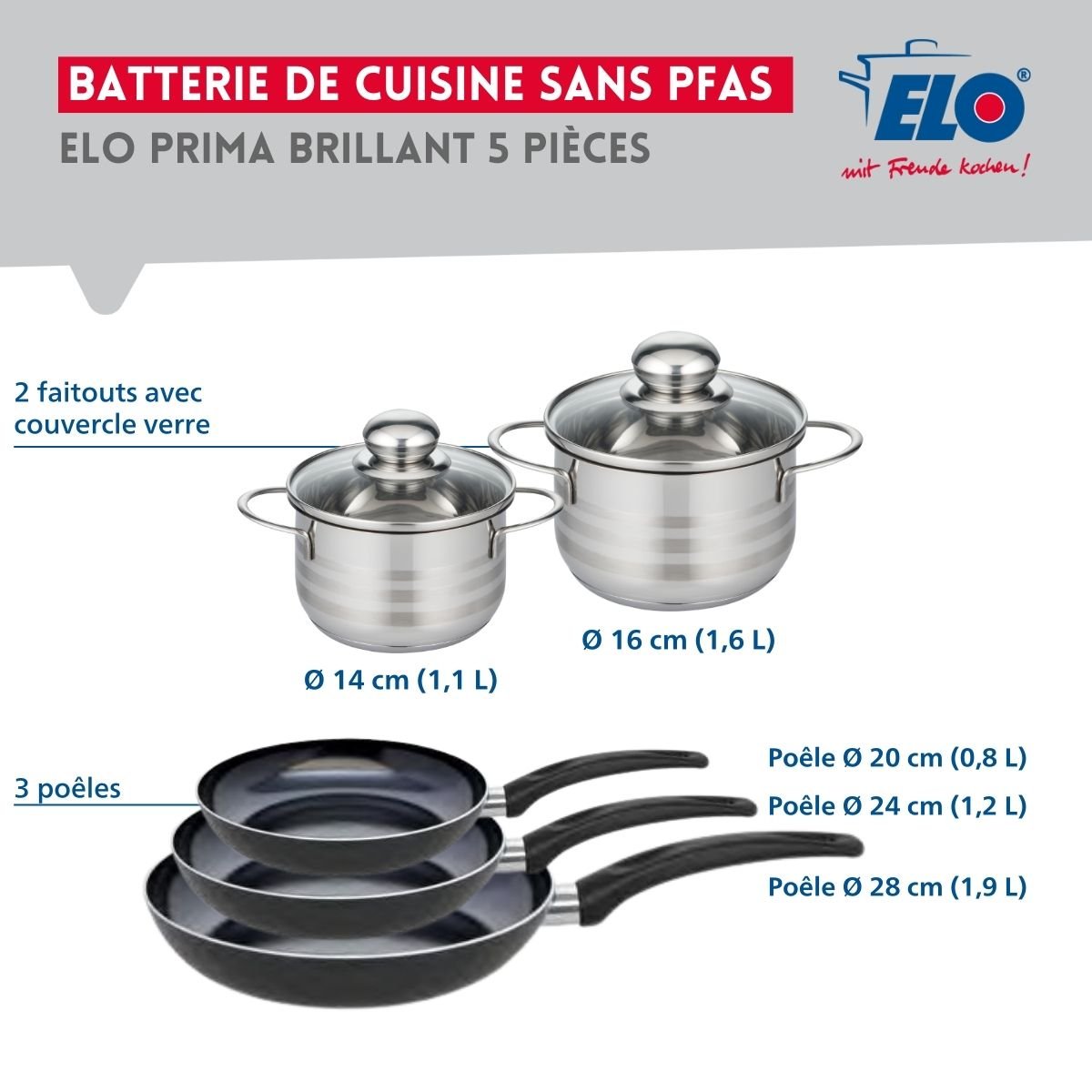 Batterie 3 poêles 20/24/28cm + 2 faitouts 14/16cm PRIMA BRILLANT noir, ELO