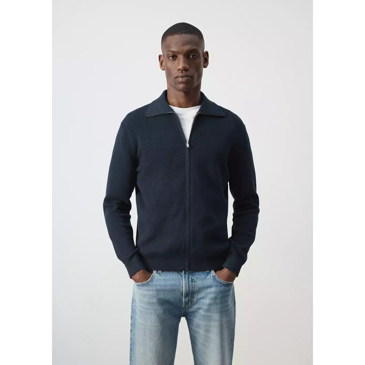 Cardigan 100 % coton zippé bleu marine, MANGO MAN