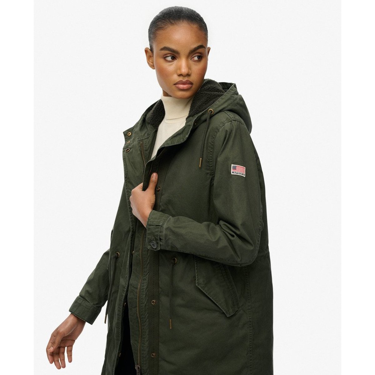 Parka Fishtail Militaire à Doublure Borg kaki militaire, SUPERDRY