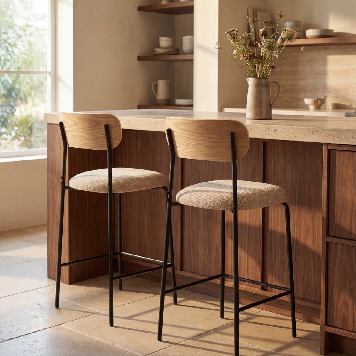 Lot de 2 chaises de bar bois clair tissu et métal H65cm- JESS beige, DRAWER