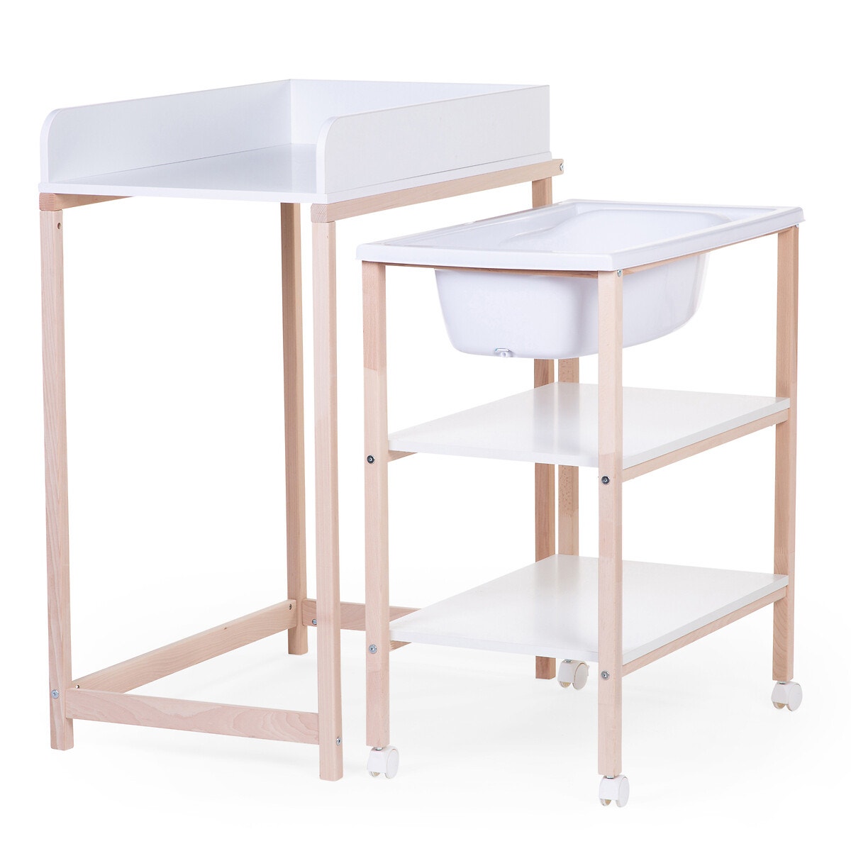 Table à langer et baignoire avec roues en bois blanc/naturel, CHILDHOME