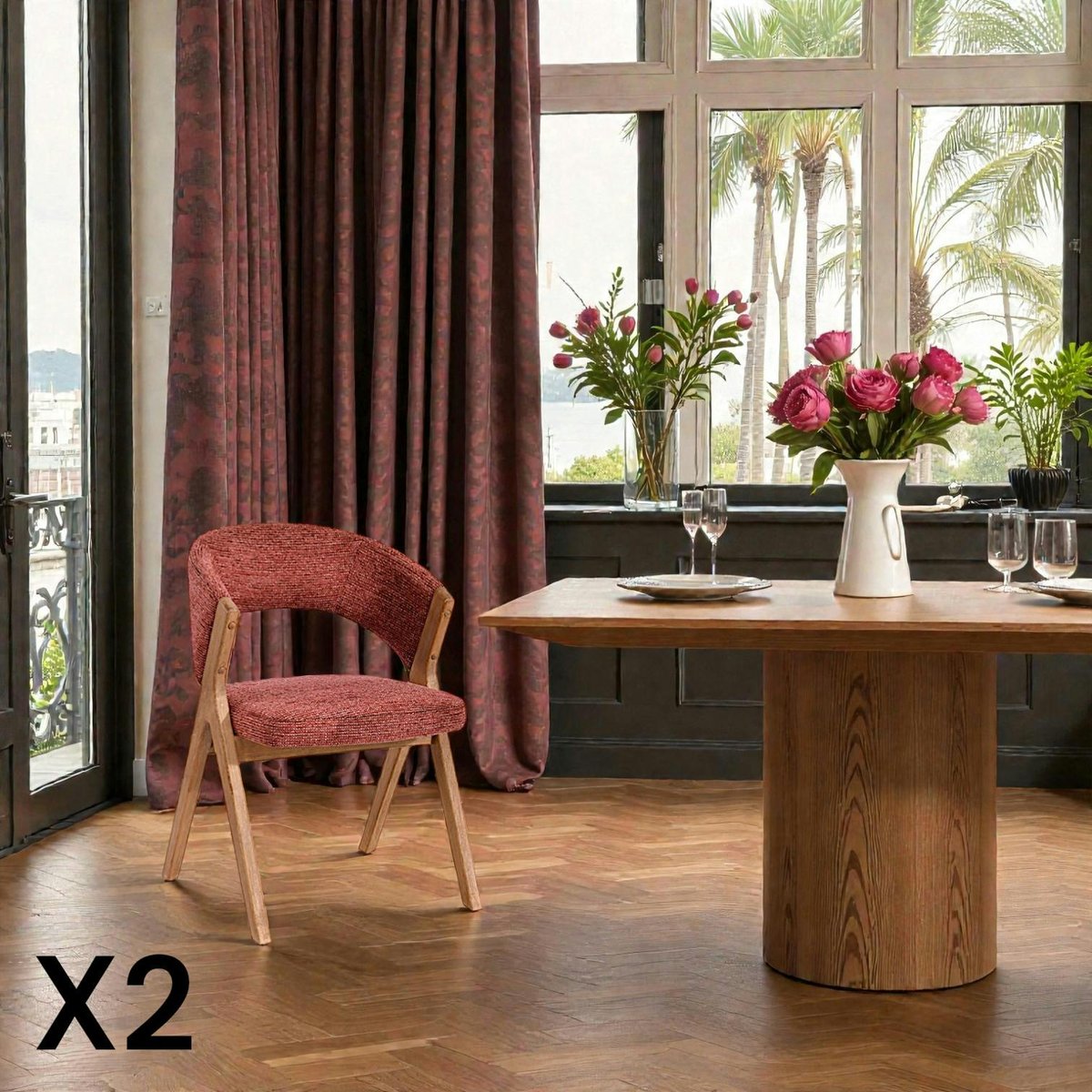 Chaise bois et tissu, dossier arrondi (lot de 2) AGADE rouge, PIER IMPORT