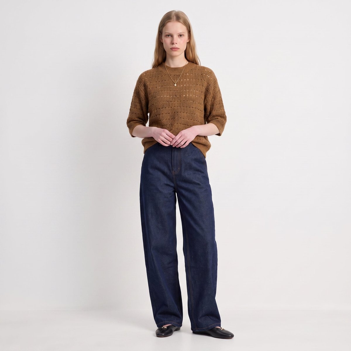 Pull manches ballon col rond maille ajourée FLELIS camel, ARTLOVE