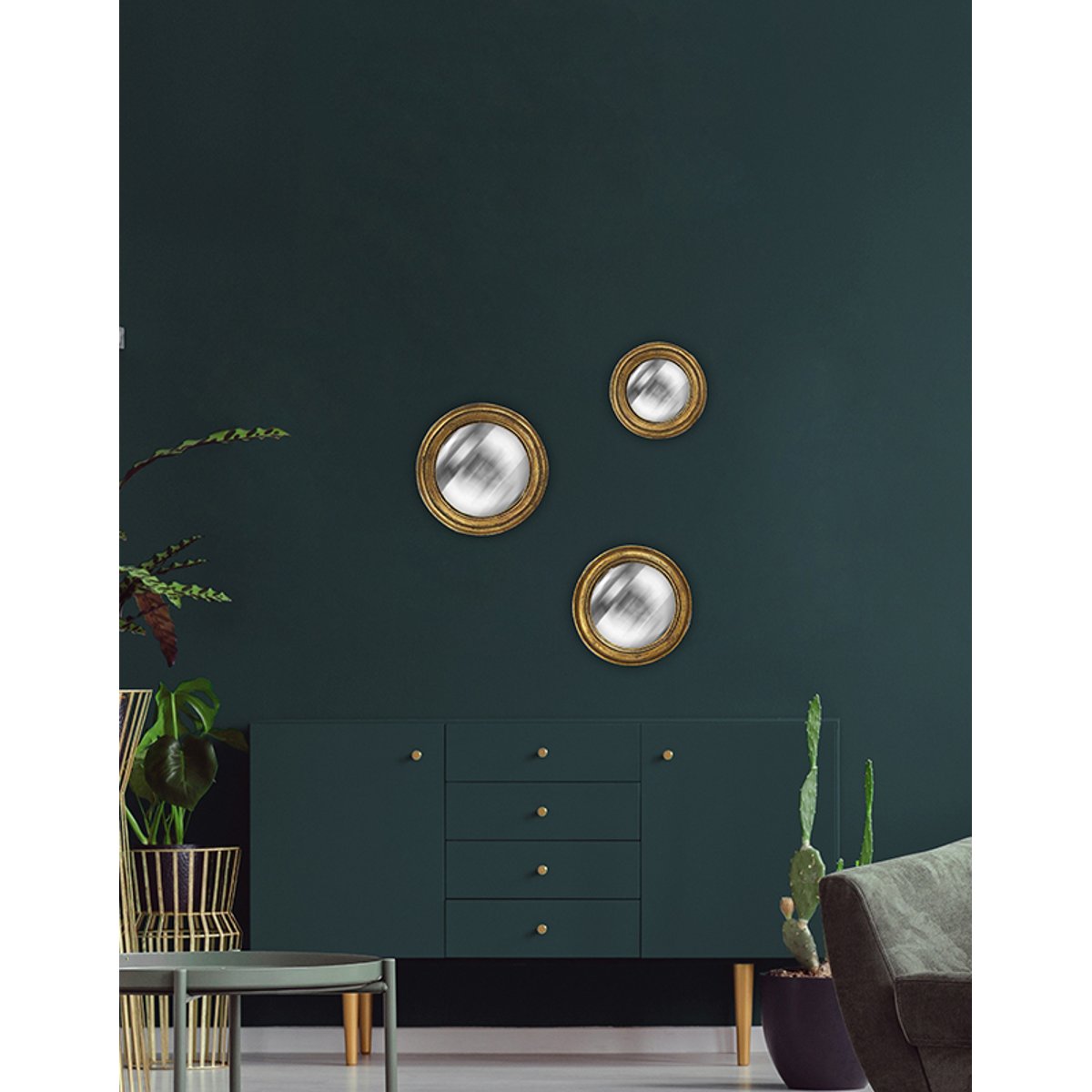 Lot de 3 miroirs ronds convexes 20, 24 et 26cm or, EMDE