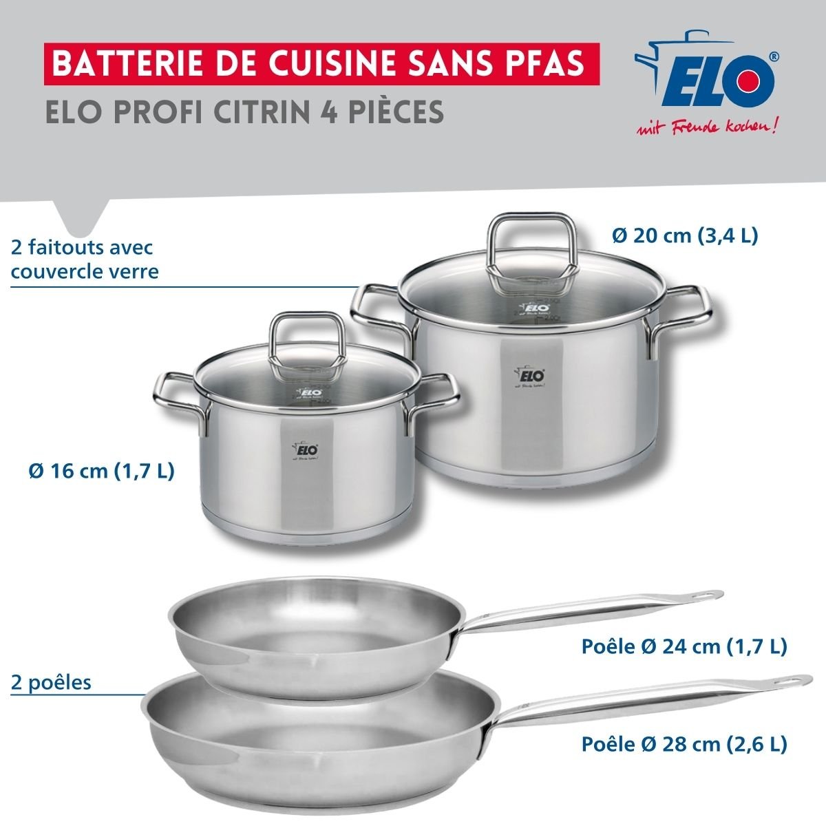 Batterie 2 poêles 24/28cm + 2 faitouts 16/20cm PROFI CITRIN gris, ELO