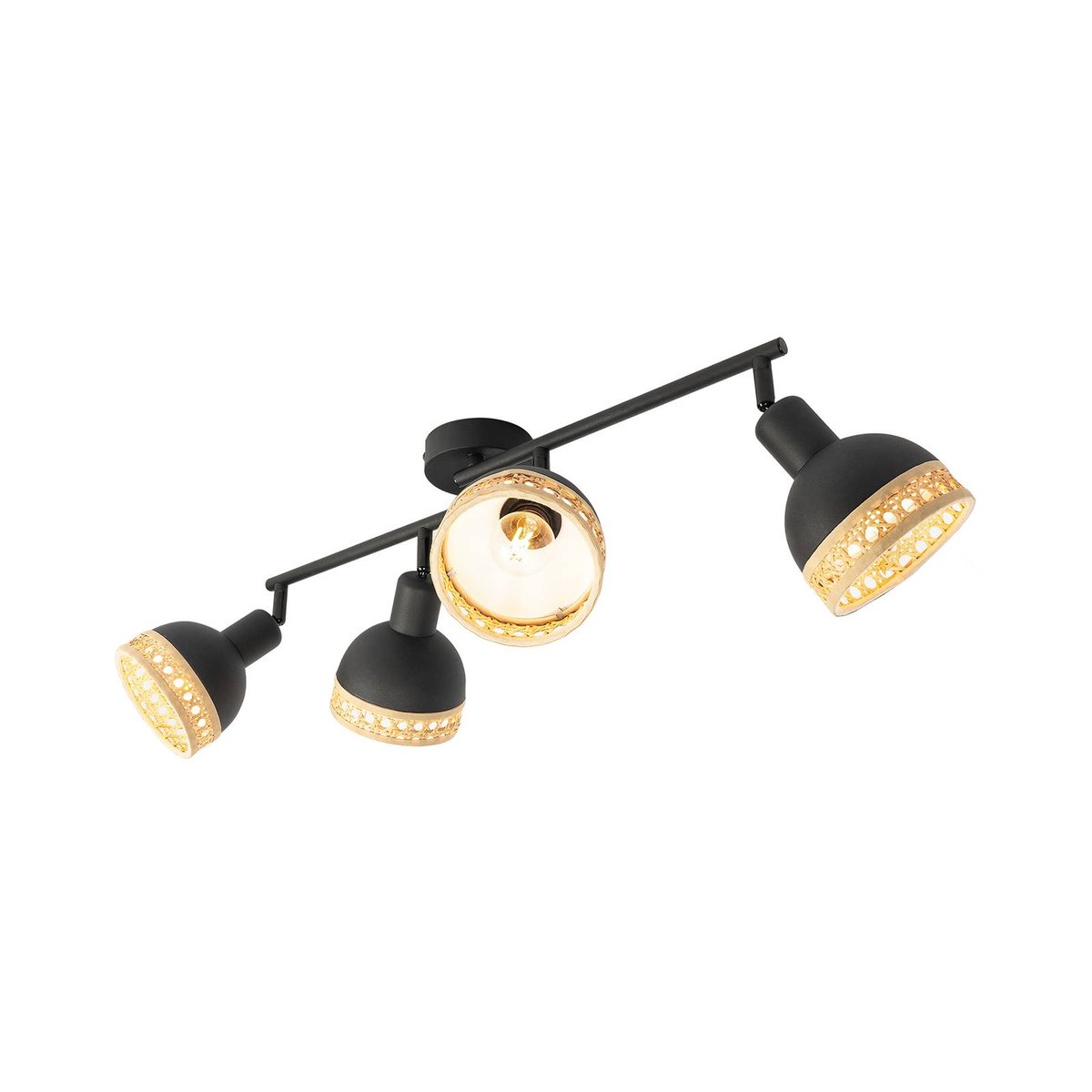 Spot en métal vintage, Lonnaris noir, rotin naturel, LINDBY