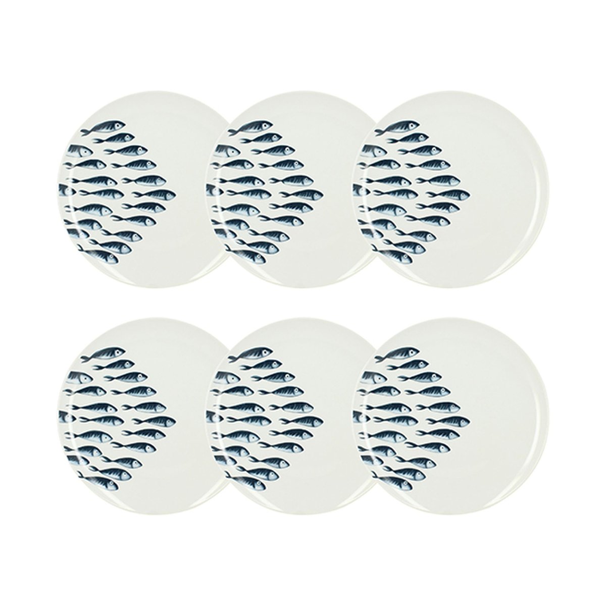 Lot de 6 assiettes plates en porcelaine 26,5cm, PESCARE blanc-bleu, NOVASTYL