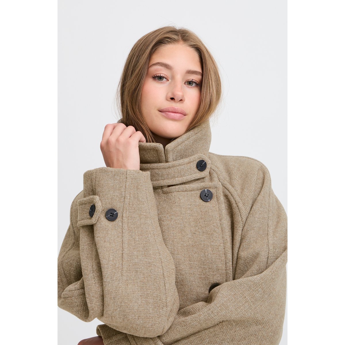 Manteau coupe oversize col montant desert taupe melange, ICHI