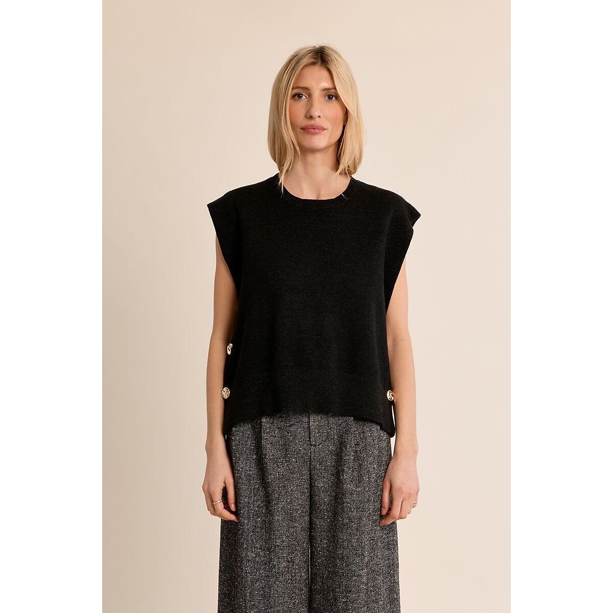 Pull girocollo senza maniche, dettagli bottoni antracite, MOLLY BRACKEN