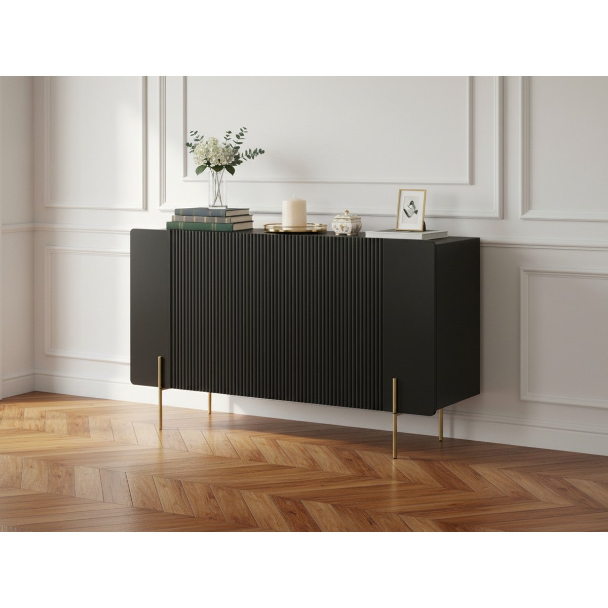 Buffet bas en panneaux de particules et MDF 4 portes 150 cm, MATHILDE noir, BOBOCHIC