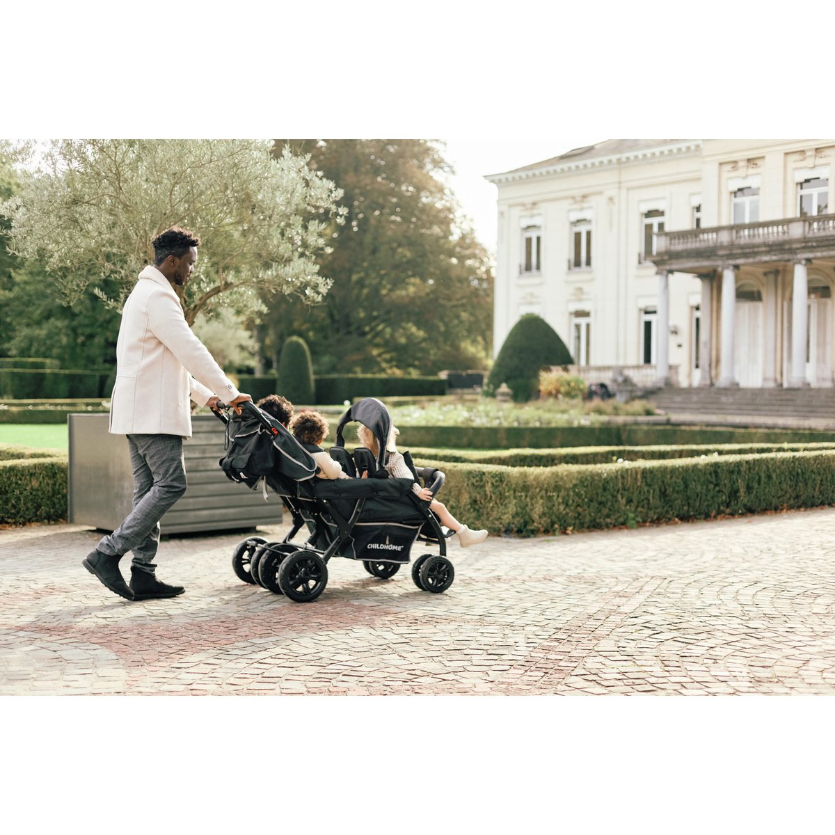 Quadruple poussette capacité 4 enfants + housse de pluie + pare-soleil noir, CHILDHOME