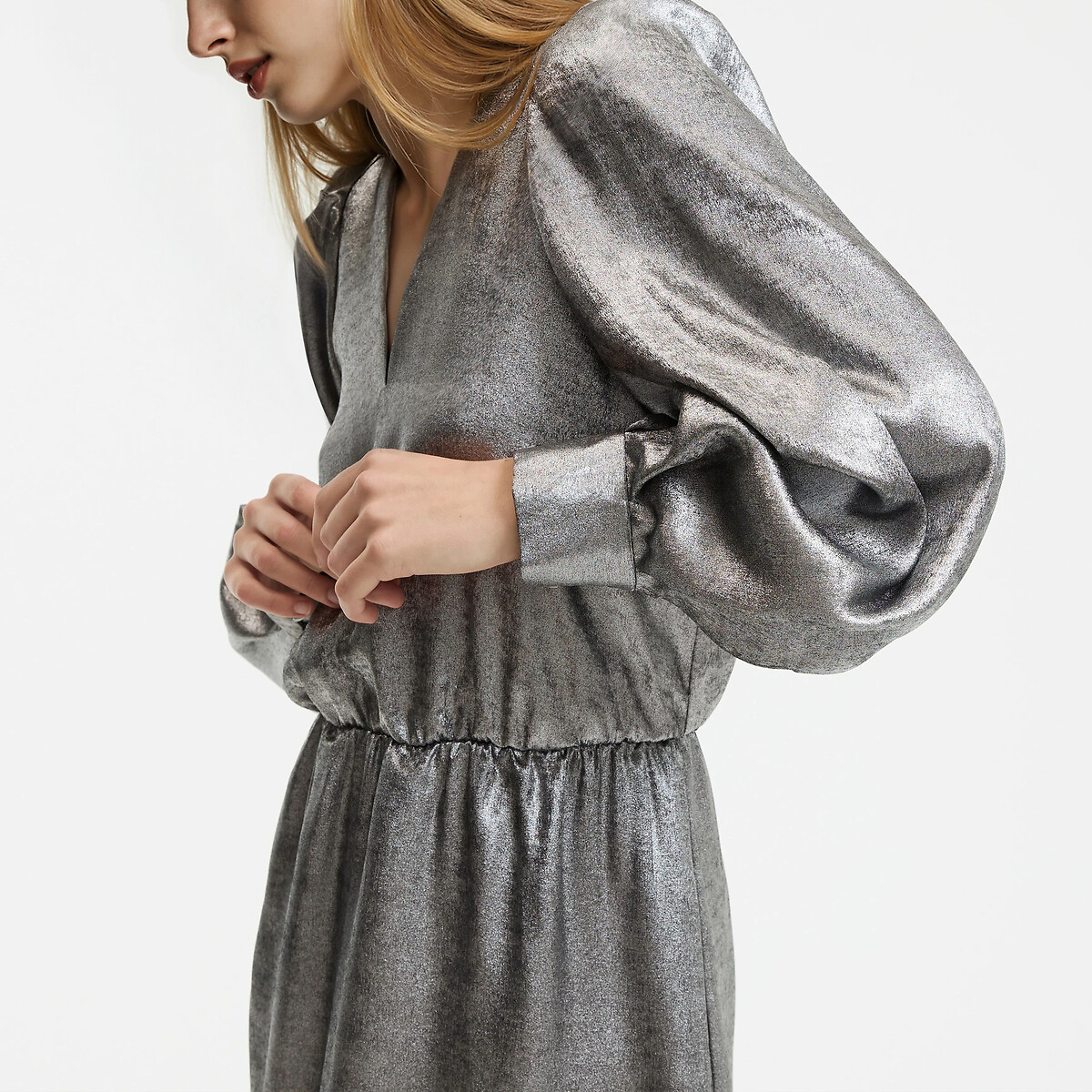 Flared Silver Maxi Dress with Long Sleeves silver grey, LA REDOUTE COLLECTIONS