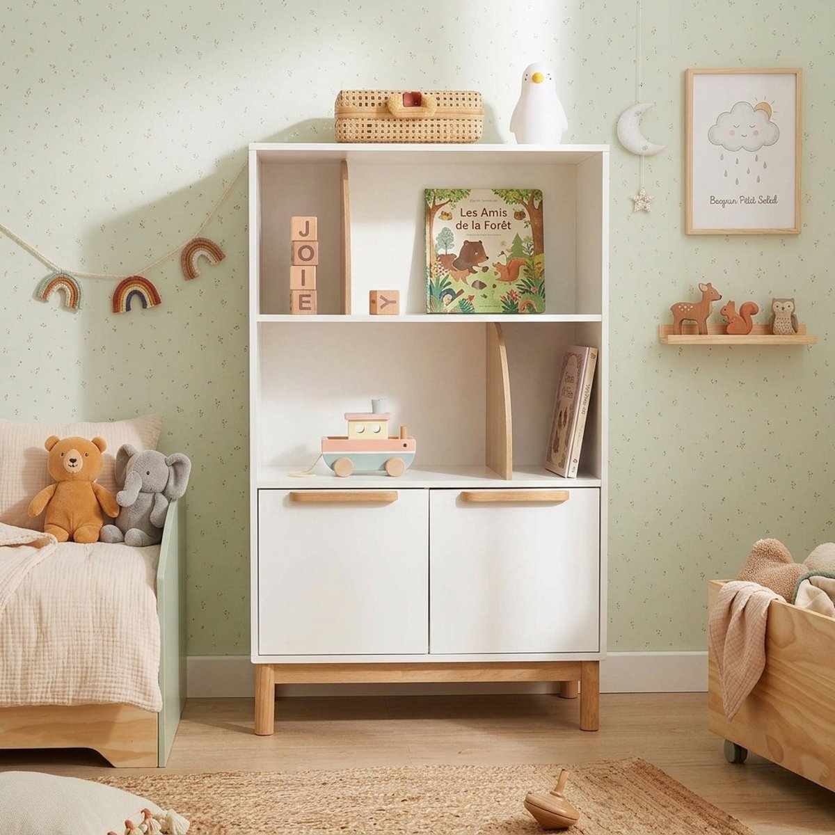 Bibliothèque enfant 2 portes ROME blanc et bois clair, BAÏTA