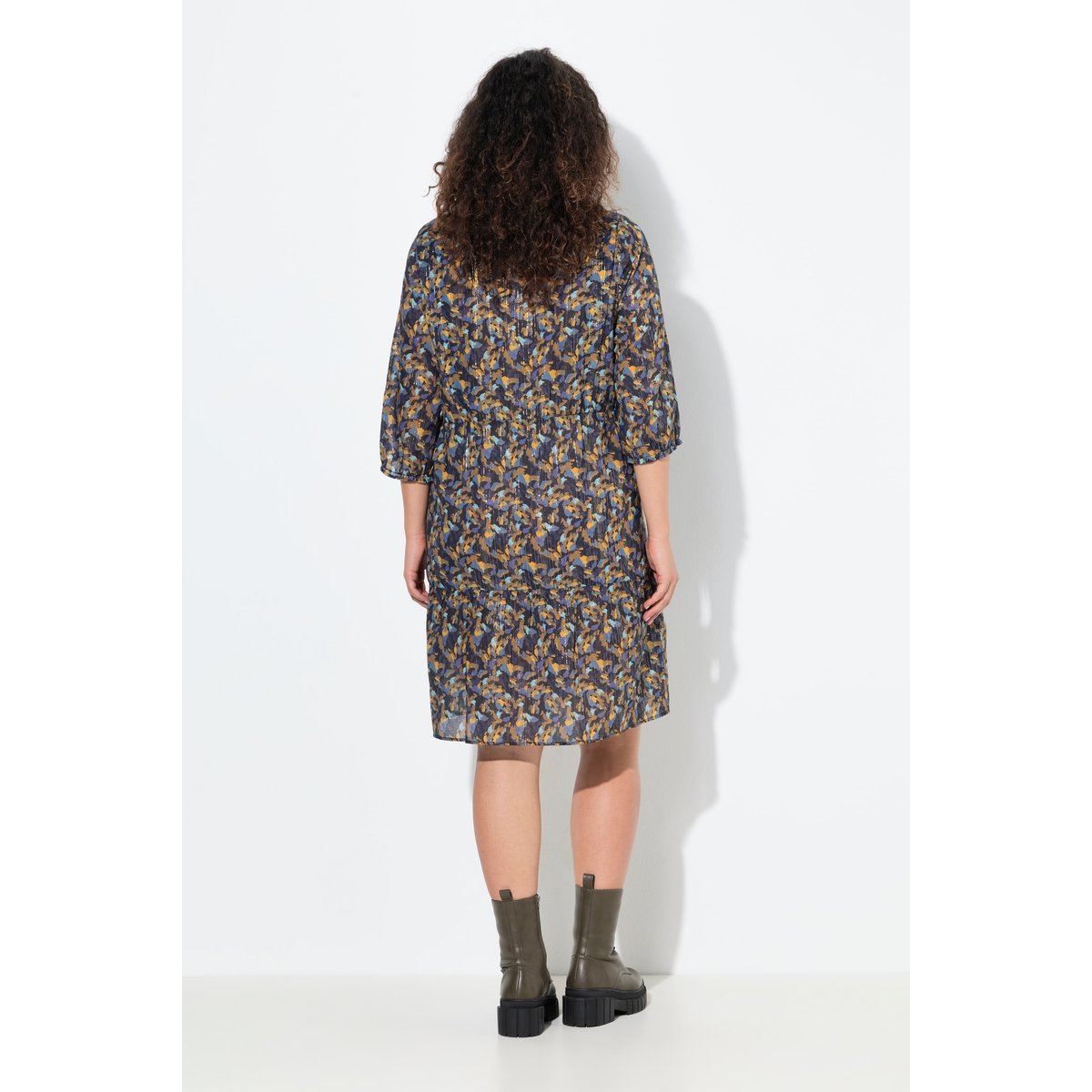 Robe évasée à col en V et manches 3/4 bleu encre, ULLA POPKEN