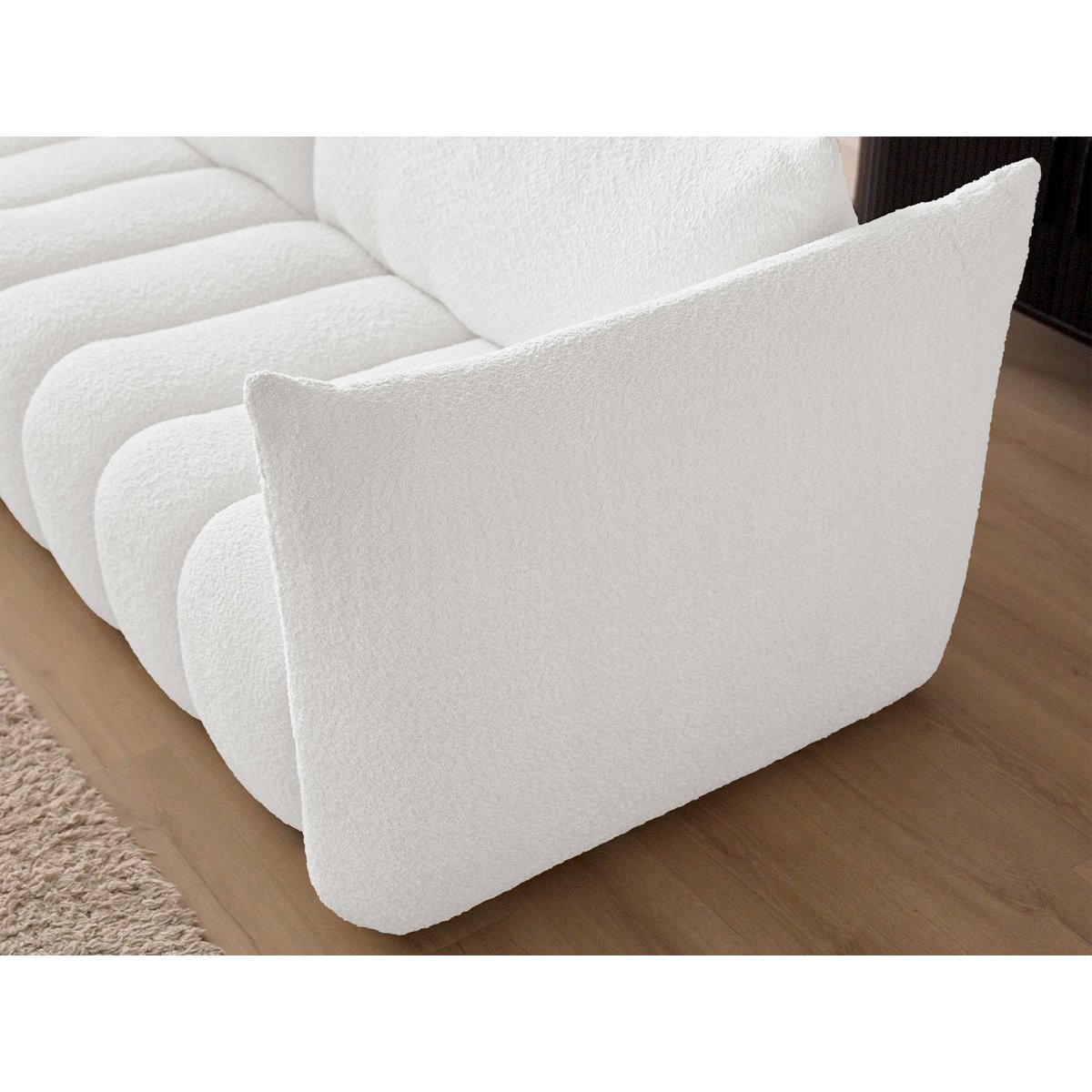 Canapé d'angle fixe 3 places en tissu bouclette, AZRA blanc, BOBOCHIC
