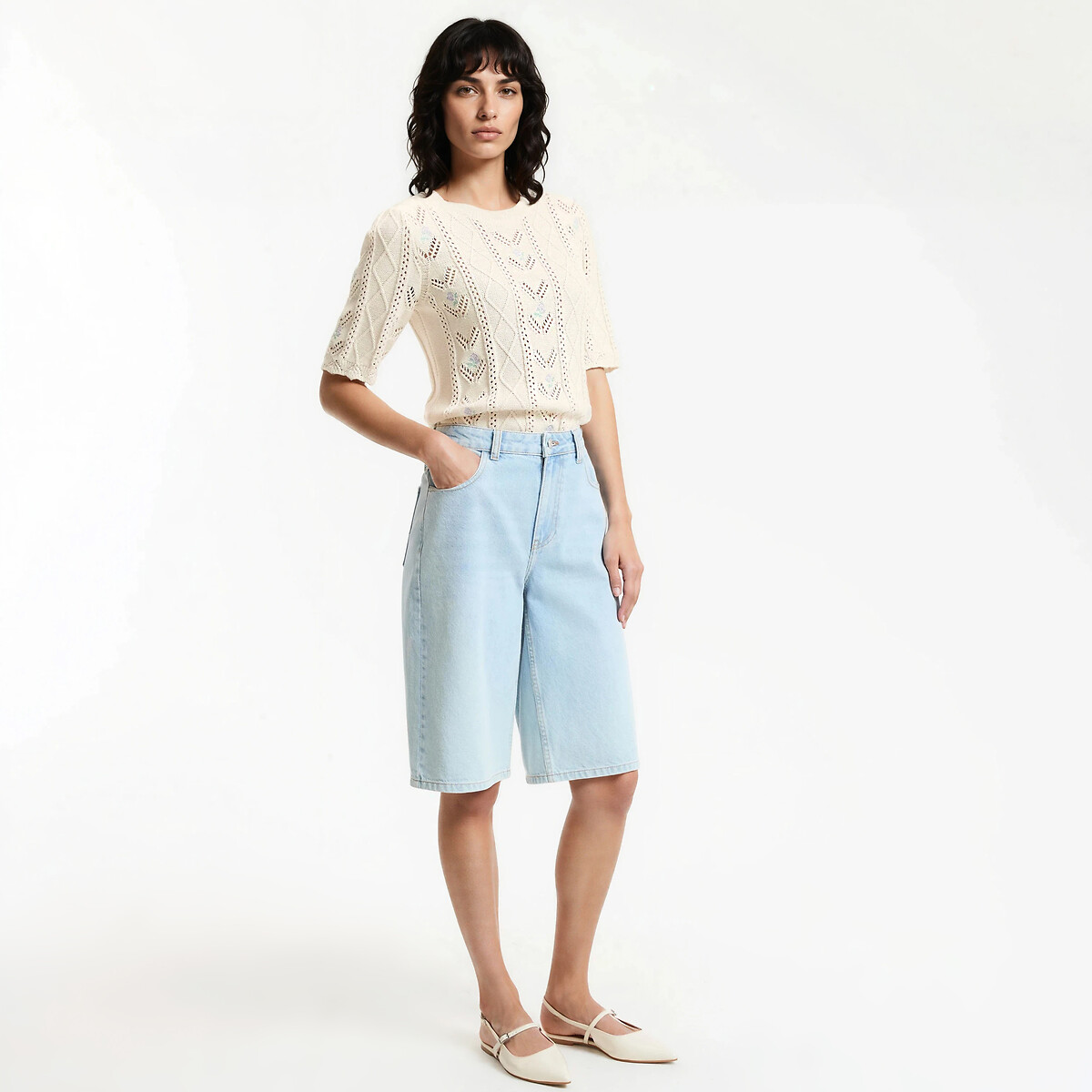 Fine Pointelle Knit Crew Neck Jumper ecru , LA REDOUTE COLLECTIONS