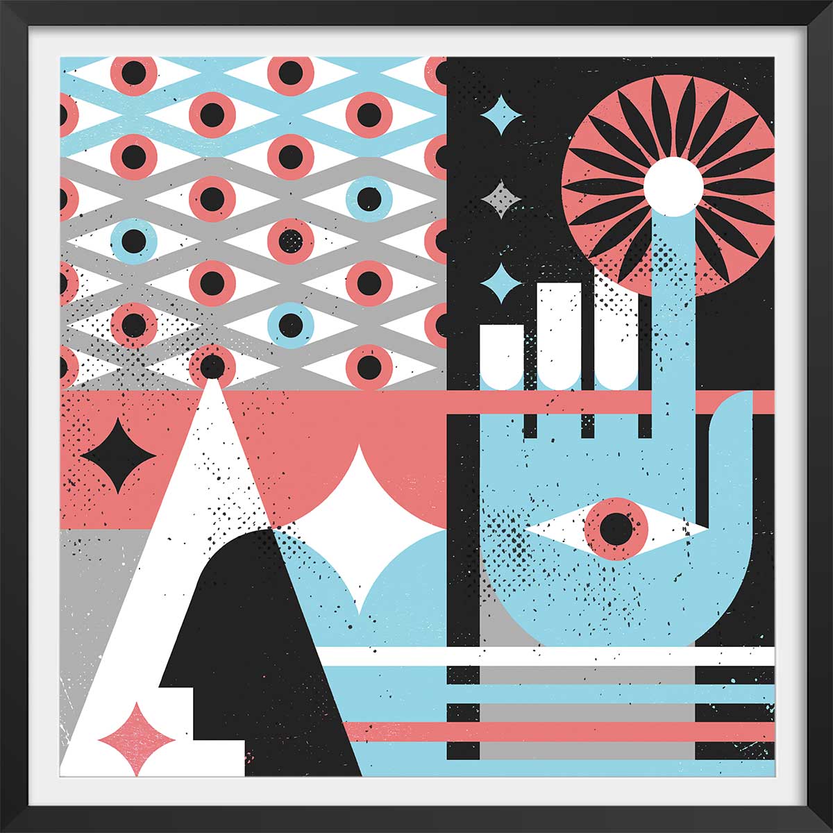 Affiche La main bleue affiche + cadre en bois - noir, HEXOA